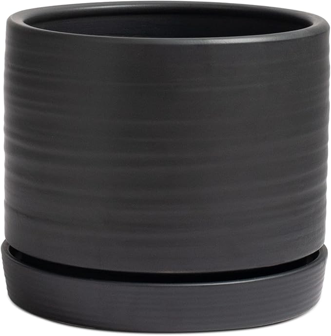 8 Inch Pots for Plants, Ceramic Planter Pot with Drainage Hole & Saucer, Indoor/Outdoor Cylinder Round Planter Pot, Matte Black-CasaMuseHome