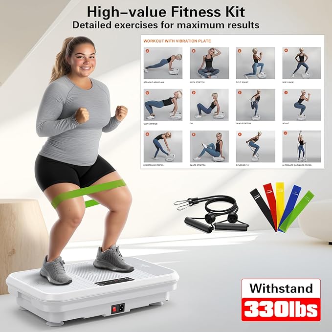 3D Vibration Plate Exercise Machine for Lymphatic Drainage, Whole Body Vibration Plate for Weight Loss, 330lbs Capacity Vibrating Platform Board Home Gym Quiet, 5 Yoga Belts & 2 Resistance Bands-CasaMuseHome