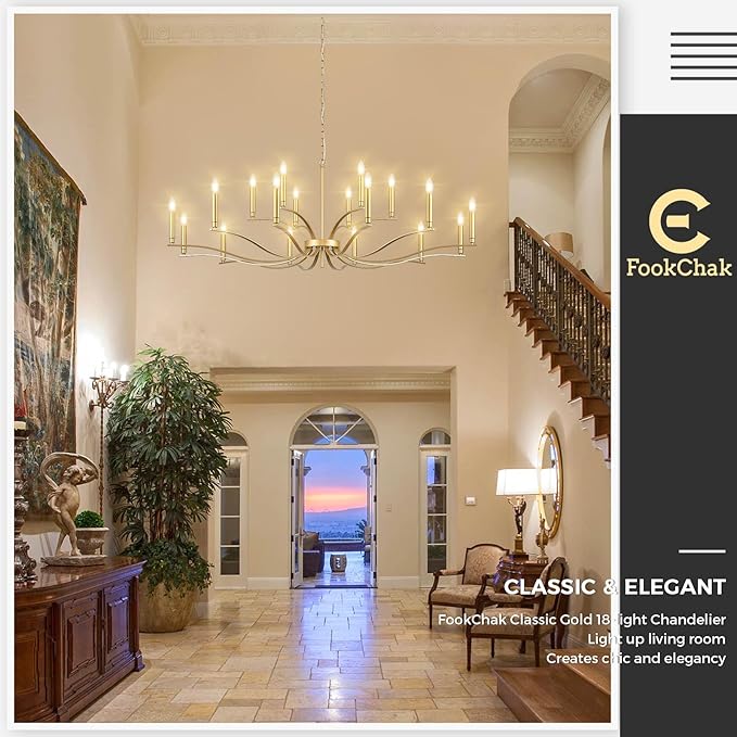 18 Light Gold Living Room Chandelier High Ceiling Foyer Candle Chandelier Large Modern Brass 59in Metal Chandeliers Hanging Light for Master Bedroom Dining Room Light Fixture Over Table-CasaMuseHome