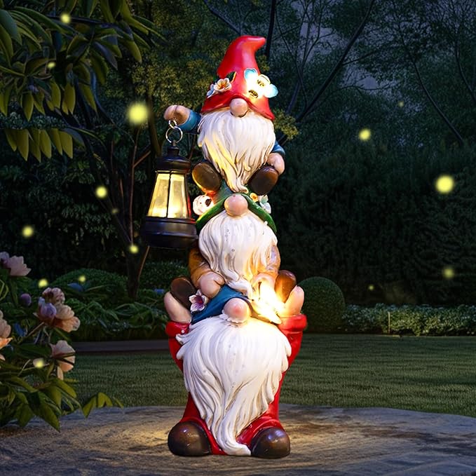 17 in Large Garden Gnome Statue with Solar Lights Sculptures Funny Triple Big Gnome Outdoor Patio Lawn Yard Balcony Garden Home Decor Gifts for Women Mom-CasaMuseHome
