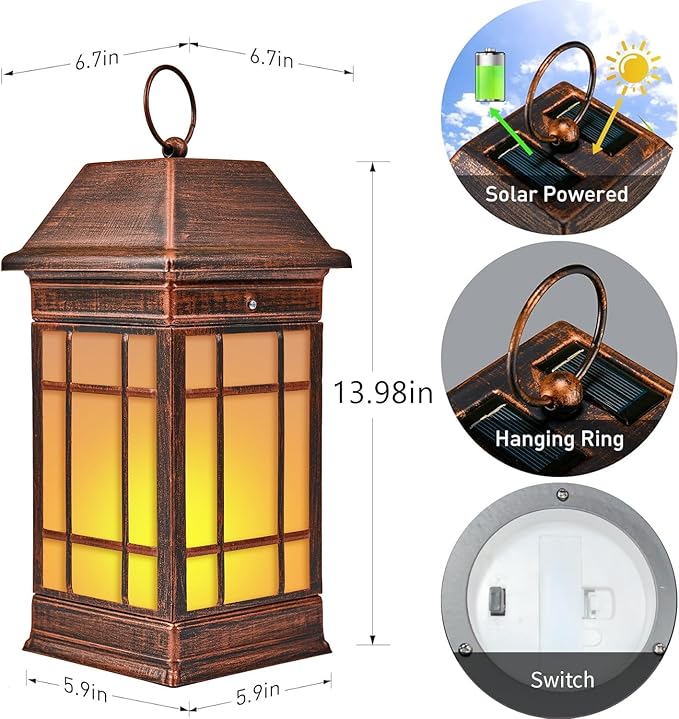 14" Solar Lantern Outdoor Waterproof, Glass Flickering Flame Solar Lanterns, Hanging Metal Lantern Decorative for Patio Front Porch Garden Backyard Tabletop Party Decoration-CasaMuseHome