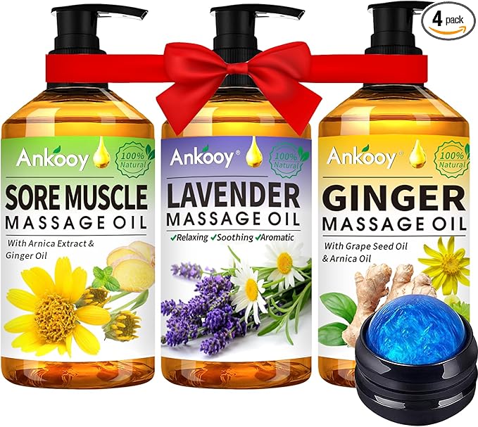 3 Pack Massage Oil for Massage Therapy,Sore Muscle Arnica Oil & Relaxing Lavender Oil & Ginger Oil Lymphatic Drainage & Massage Ball,Lymphatic Drainage Massager Body Oil,Massage Kit Gifts for Women-CasaMuseHome