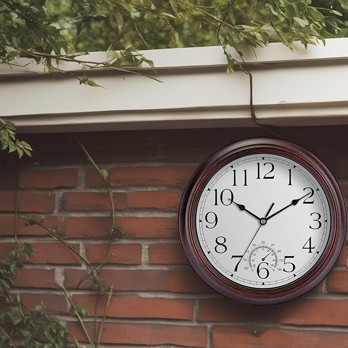 12 Inch Outdoor Wall Clock with Thermometers, Vintage Silent Wall Clocks Battery Operated, Retro Non-Ticking Clock Decorative for Living Room, Patio, Kitchen, Office, Bathroom, Bedroom(Bronze)-CasaMuseHome