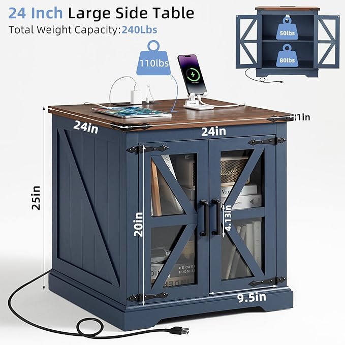 24" End Table with Charging Station, Farmhouse Night Stand with Glass Barn Door, White Nightstands with Adjustable Storage Shelf, Large Wood Square Bed Side Table for Living Room,Bedroom-CasaMuseHome