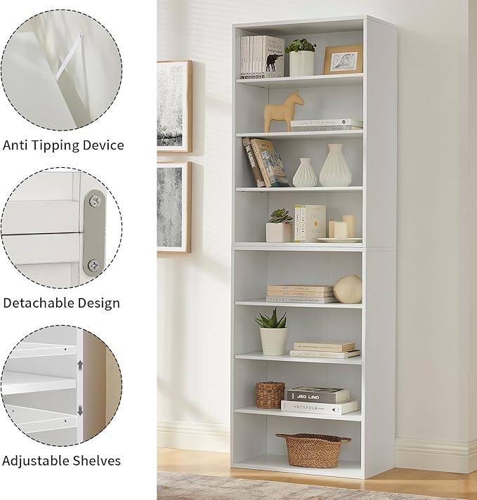 71 Inch Tall 8-Shelf Bookcase, Wood Bookshelf Storage Organizer Adjustable Shelf for Home Office Living Room, Converts into Two 4-Shelf Bookshelves, White-CasaMuseHome