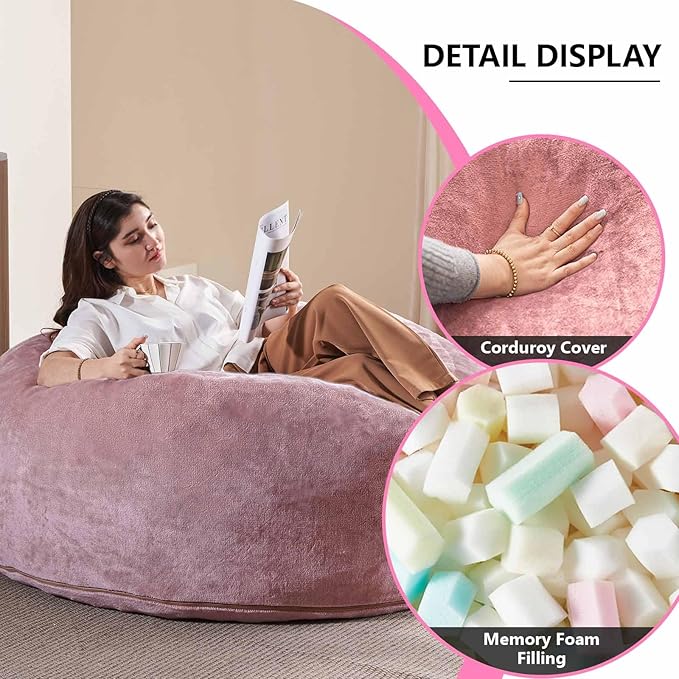 4FT Large Bean Bag Chairs,Big Adult Size Memory Foam Beanbags with Filler Included,Machine Washable Corduroy Cover,Ultra Soft Plush Gaming Bing Bag Puff Chair for Dorm, Living Room & Bedroom (Pink)-CasaMuseHome