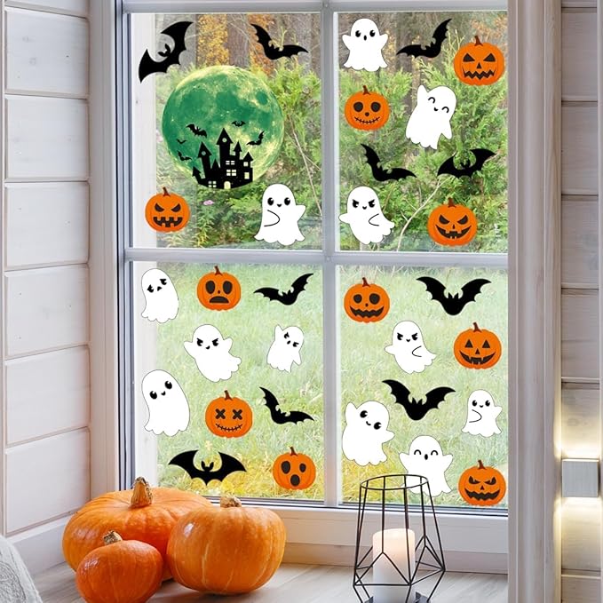 3 Sheets Glow in The Dark Halloween Window Clings Luminous Halloween Window Stickers Pumpkin Ghost Wall Decor Glowing Window Clings for Scary Halloween Theme Party Decorations-CasaMuseHome