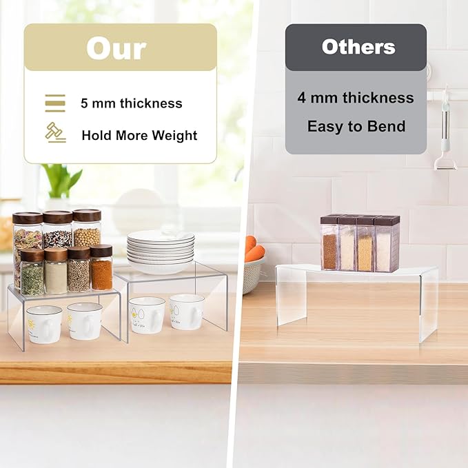 Acrylic Clear Kitchen Rack for Dishes, Spices Jars and Mugs, Kitchen Counter Cabinet Organizer, Clear Spice Rack Shelves, 5mm Thick, 2 Pack-CasaMuseHome