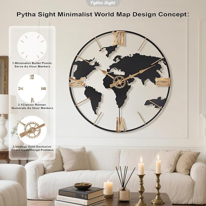 24 Inch Large Wall Clock,Modern Decorative Big World Map with Vintage Gold Roman Numeral Extra Giant Metal Oversized Wall Clocks for Living Room,Office,Kitchen,Dining Room,Bedroom-CasaMuseHome