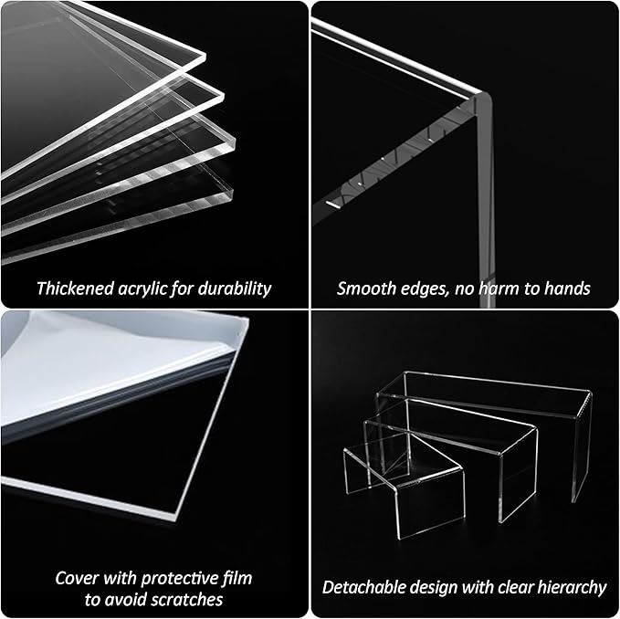 Acrylic Display Risers 6pcs, Clear Rectangular Display Organizer Stands, Acrylic Display for Funko Pop Figure, Desserts, Cupcake, Toys, Collectibles, Merchandises - 7.5''x8''x8.5''x9''x9.5''x10''-CasaMuseHome