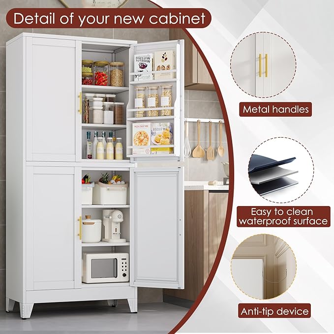 75" H Metal Storage Cabinet, Pantry with 6 Door Shelves and 4 Adjustable Shelves, Leveling Foot for Kitchen, Living Room and Dinning Room, White-CasaMuseHome
