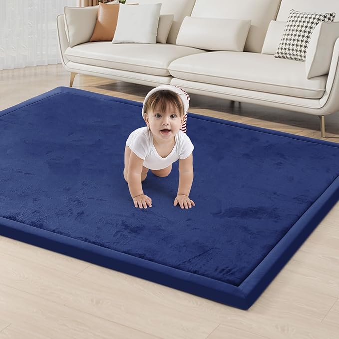ACOMOPACK Baby Play Mat for Floor 1.3" Thick Memory Foam Play Mat 59"×71" Tummy Time Crawling with Non-Slip Bottom for Living Room,Nursery,Soft Velvet Playpen Mats for Kids,Infants（Royal Blue）-CasaMuseHome