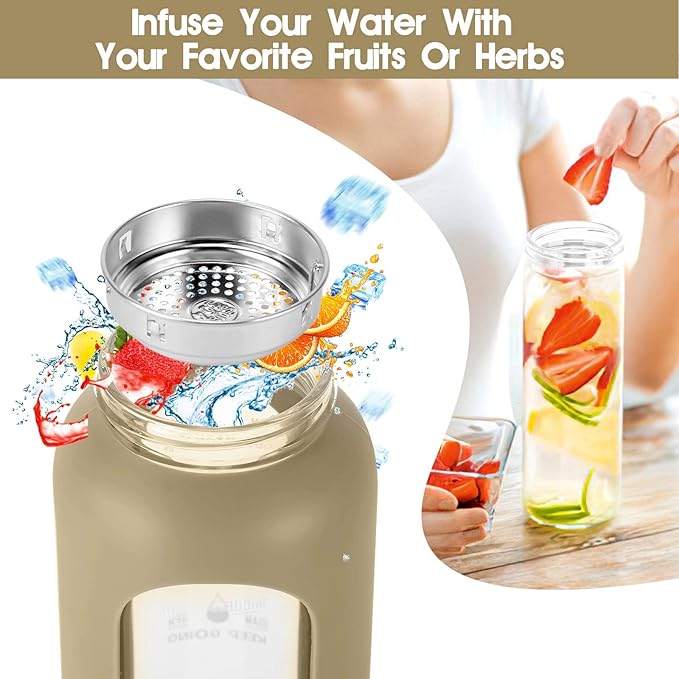 32 oz Glass Water Bottle with Straw - Motivational Time Marker & Silicone Sleeve - Reusable Tumbler Includes 2 Bamboo Lids & Fruit Infuser - 1 Pack-CasaMuseHome
