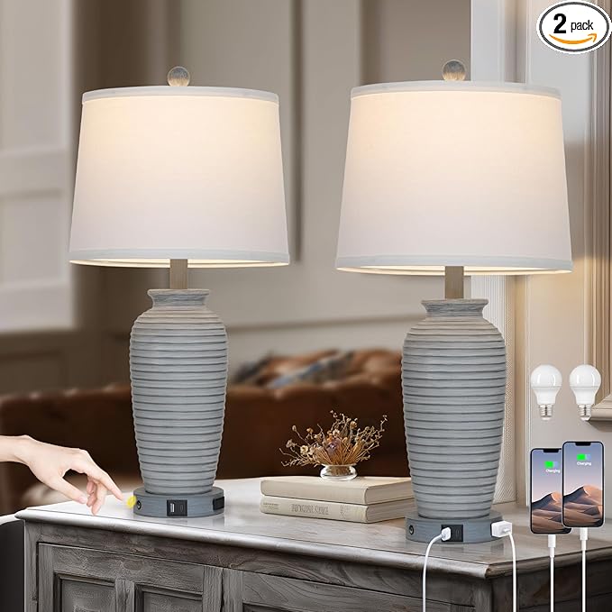 25" Farmhouse Jar Table Lamp Set of 2 Vintage Rustic Lamps for Living Room, Resin Bedside Nightstand Lamps with Linen Lampshades, Retro Pot Lamp for Living Room, Bedroom(LED Bulbs Included)-CasaMuseHome