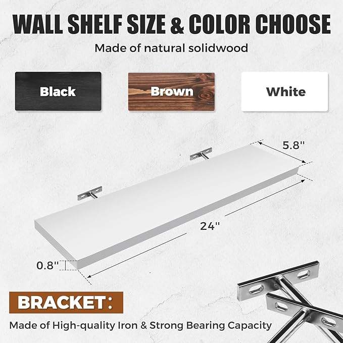 3-Pack Floating Wall Shelves, 24-Inch Rustic White Wooden Shelves for Storage and Décor, Easy Installation for Living Room, Bedroom, and Kitchen-CasaMuseHome