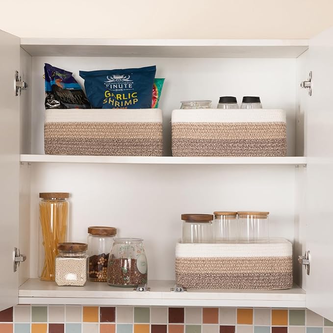 3 Pack Small Storage Baskets for Organizing, Cute Woven Decorative Gift Baskets for Shelves, Mini Closet Organizer Bins with Handles-13''Lx8.66''Wx5.11''H-Brown White-CasaMuseHome