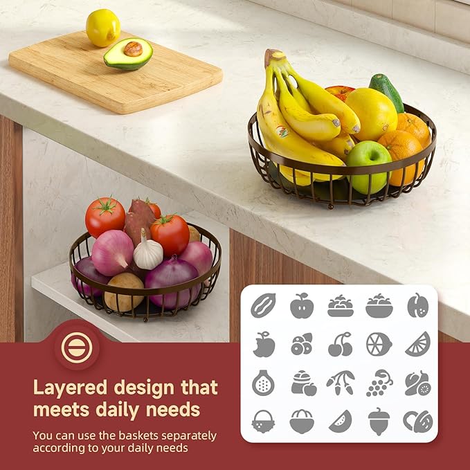 2 Tier Fruit Basket for Kitchen Counter with 2 Banana Hangers, Metal Stackable Fruit Bowl for Kitchen Counter for Bread Vegetable Fruits, Brown-CasaMuseHome