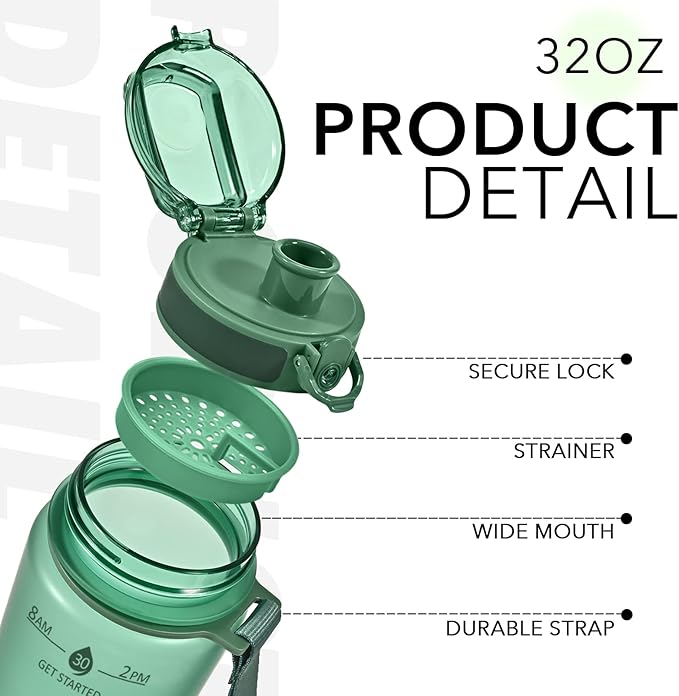 32oz Motivational Water Bottles with Time Marker & Fruit Strainer, Transparent Gradient Color Water Bottle with Times to Drink, Leakproof & BPA Free, Reusable Bottle with Strap (No Straw)-CasaMuseHome