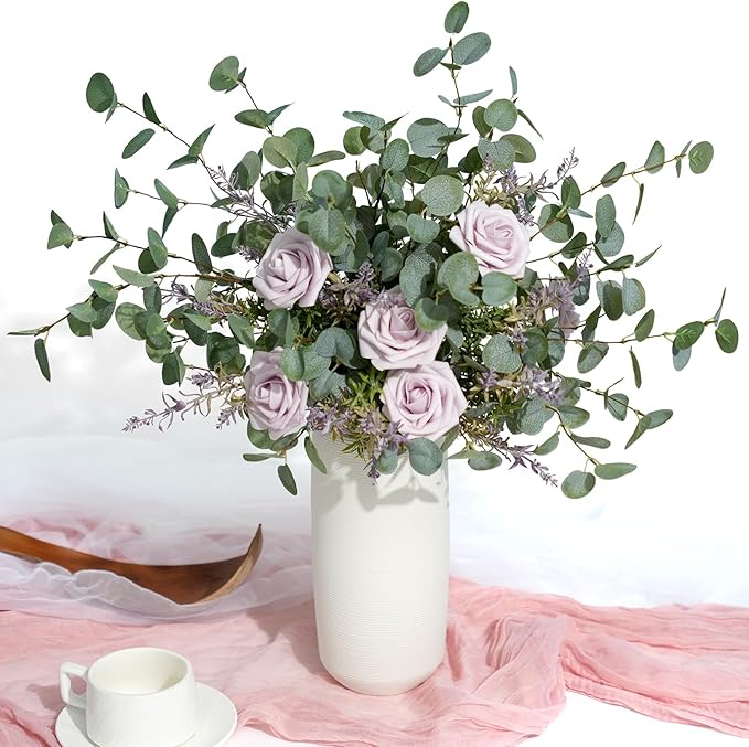 6Pcs Faux Eucalyptus Stems, 27" Artificial Eucalyptus Plants with White Frosted Coating, Fake Eucalyptus Decor Silk Greenery Leaves for Wedding Bouquets Home Decor DIY Floral Arrangements-CasaMuseHome