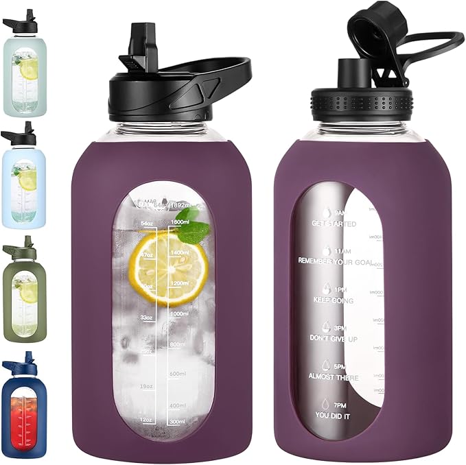 64 oz Glass Water Bottle With Straw and Handle, Half Gallon Sports Motivational Water Jug Flask with Silicone Sleeve, Large Water Cup with Time Marker for Travel, Gym, Dark Purple-CasaMuseHome