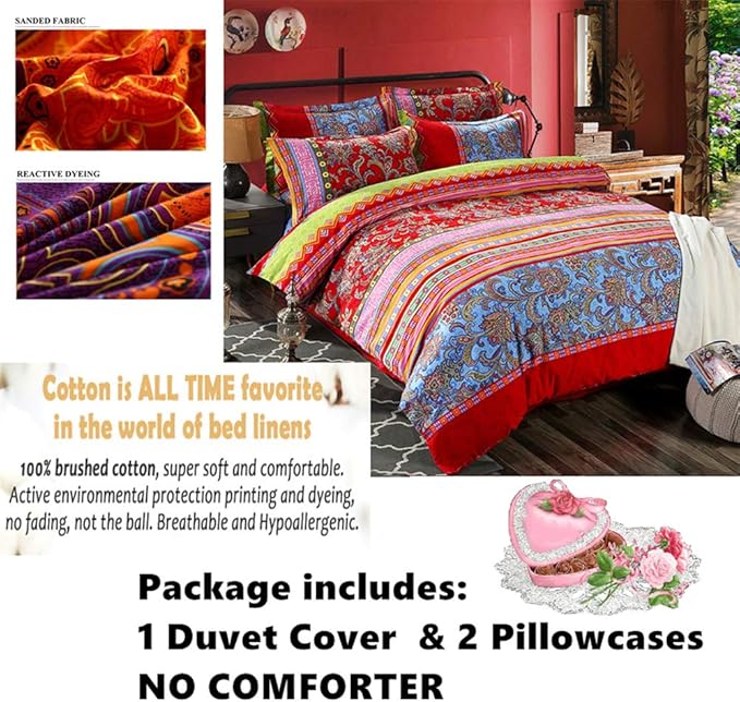 ABREEZE 3Pcs Bohemia Retro Bedding Ethnic Vintage Floral Duvet Cover Boho Bedding 100% Brushed Cotton Bedding Sets Damask Paisley Coloful Mandala Down Comforter Cover,Cal.King-CasaMuseHome
