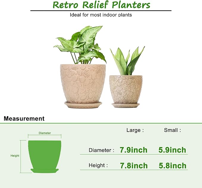 8 Inch + 6 Inch Retro Ceramic Planter Set of 2 with Drainage Hole and Saucer for Multiple Plants, Indoor-Outdoor Garden Pots for Succulent, Orchid, and Flower (Retro Peach)-CasaMuseHome
