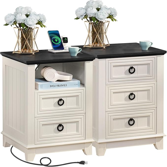 18" Farmhouse Night Stands Set of 2 with Charging Station, 2 & 3 Drawers End Table Dresser for Bedroom, White Wooden Nightstand, Bed Side Table with Open Shelf, Bedside Cabinet for Living Room-CasaMuseHome
