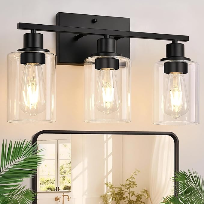 3 Light Bathroom Light Fixtures, Matte Black Modern Vanity Lights with Clear Glass Shade, Bathroom Wall Lamp for Mirror Kitchen Living Room Hallway Cabinet Porch-CasaMuseHome