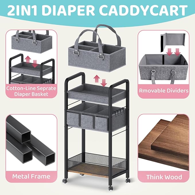 2IN1 Baby Diaper Caddy Organizer-3 Tier Rolling Storage Cart with Dividers - Bedside Diaper Caddy Cart for Baby Nursery Newborn Essentials-Mobile Utility Carts with Wheels for Changing Table-CasaMuseHome