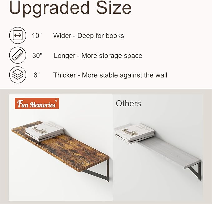 10 Inch Deep Floating Shelves, Floating Shelves 30 Inch Long, Rustic Wood Wall Shelves 30"W x 10"D, Deep Floating Shelf with Bracket, Wide Storage Shelves for Living Room, Bathroom, Rustic Brown-CasaMuseHome