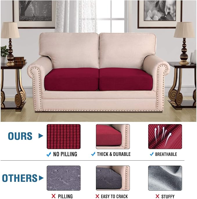 H.VERSAILTEX Super Stretch Individual Seat Cushion Covers Sofa Covers Couch Cushion Covers Slipcover Sets Thick Jacquard Textured Twill Fabric (2 Piece Medium Sofa Cushion Covers, Burgundy Red)-CasaMuseHome