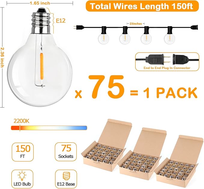 150FT LED Globe Outdoor String Lights, Dimmable Patio With 75+2 G40 Shatterproof Bulbs, Waterproof Outside Hanging, 2200K Commercial Backyard for Porch Bistro Party Balcony Garden-CasaMuseHome