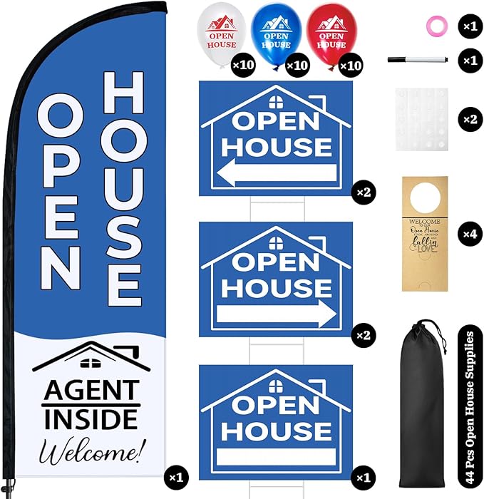 44 Pcs Open House Signs for Real Estate Agent Supplies, Double Sided Open House Flag Kit for Outside, 7.6 x 5.4 Ft Blue Banner Flag Poles Set with Directional Arrows Yard Sign Stakes Balloons-CasaMuseHome