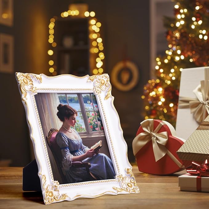 8x10 Vintage Picture Frame with Embossed Flower Design, White Ornate Frame for 8x10 or 5x7 Pictures with White Mat, Hand-Crafted Resin Antique Frames for Tabletop & Wall Hanging, Home Decor (White)-CasaMuseHome