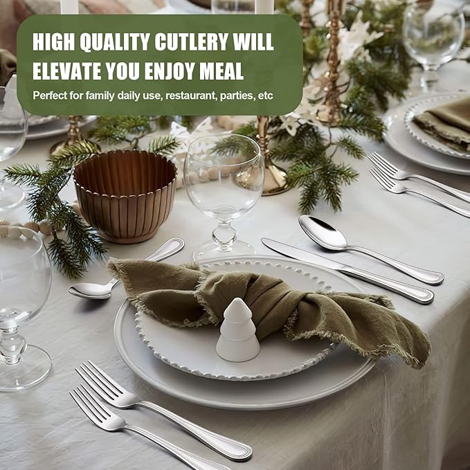 60-Piece Silverware Set for 12, Stainless Steel Flatware, Mirror Polished Cutlery Set, Utensils Include Spoons, Forks, Knives for Home, Restaurant, Beaded Handle, Dishwasher Safe-CasaMuseHome