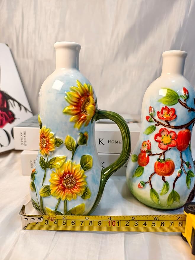 18 Oz Hand Painted Relief Ceramic Olive Oil Bottle Dispenser for Kitchen, Oil and Vinegar Bottle, Seasoning Bottle with Stainless Steel Nozzle, 540mL Oil Container with Handle for Cooking, Light Proof-CasaMuseHome