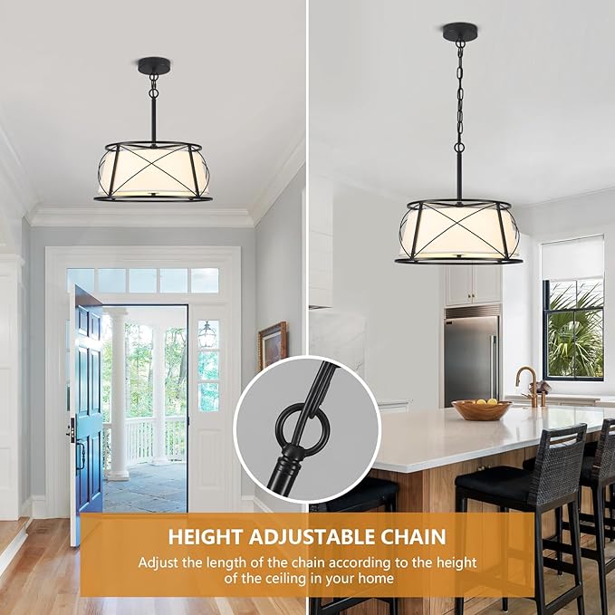 15.7" Black Drum Chandelier,3-Light Modern Farmhouse Chandelier,White Fabric Drum Shade Pendant Light Fixture for Dining Room Kitchen Island Bedroom Entryway-CasaMuseHome
