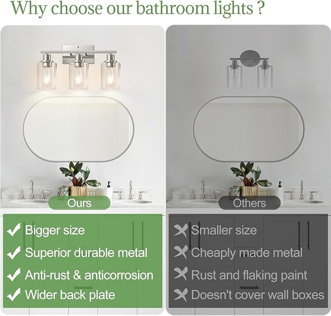 3-Light Bathroom Light Fixtures, Brushed Nickel Vanity Lights with Clear Glass Shades, Modern Bathroom Wall Lamp for Mirror Living Room Cabinet Bedroom Porch-CasaMuseHome