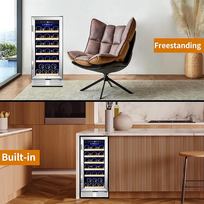 15 Inch Wine Fridge 32 Bottles Wine Cooler Refrigerator Undercounter Wine Fridge with Glass Door, LED Light, Removable Wooden Shelves, Built-in or Freestanding Wine Refrigerator for Home Office Bar-CasaMuseHome