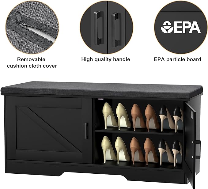 2-Tier Storage Bench, Shoe Bench with Padded Seat Cushion, Entryway Bench with 2 Barn Doors, Adjustable Shelf, 13.8" D x 39.4" W x 17.7" H, for Entryway, Living Room, Bedroom, Black-CasaMuseHome