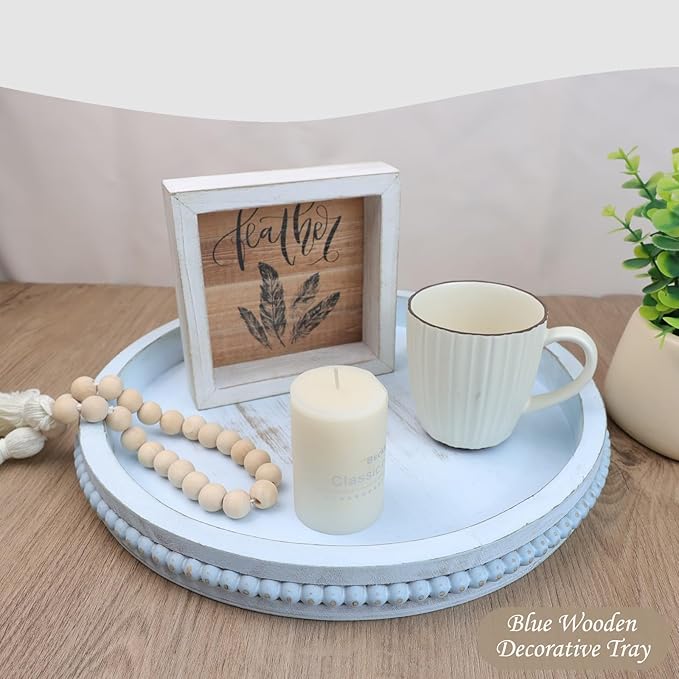 Round Wood Serving Tray with Beads, Blue Washed Wooden Decorative Tray for Entertaining, Decoration, and Gifting-CasaMuseHome