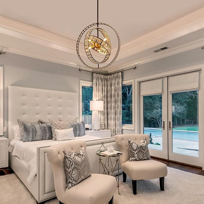 18" Crystal Globe Sputnik Chandelier, 6-Light Black Gold Modern Adjustable Hanging Ceiling Pendant Light Fixture for Entryway Foyer Stairway Bedroom Dining Living Room Hallway-CasaMuseHome