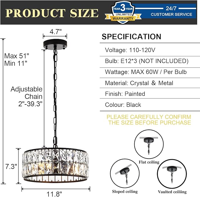 12” 3-Light Modern Crystal Chandeliers Black Dinning Room Light Fixture, Round Pendant Light Kitchen Island Chandelier, Flush Mount Ceiling Light for Living Room Entryway Bedroom Foyer-CasaMuseHome