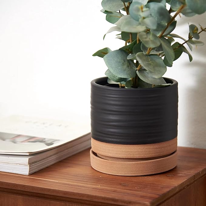 6 Inch Plant Pots, Ceramic Planter Pot with Drainage Hole & Saucer, Indoor/Outdoor Cylinder Round Planter Pot, Matte Black & Brown-CasaMuseHome