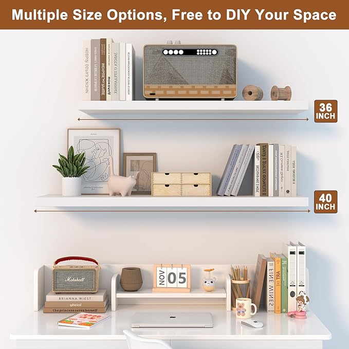 12 Inch Deep Floating Shelves for Wall 1 Pack White Floating Shelves Large Storage Space Wall Mount Shelf for Living Room Kitchen Bathroom 36" W x 12" D x 1.2" H White-CasaMuseHome