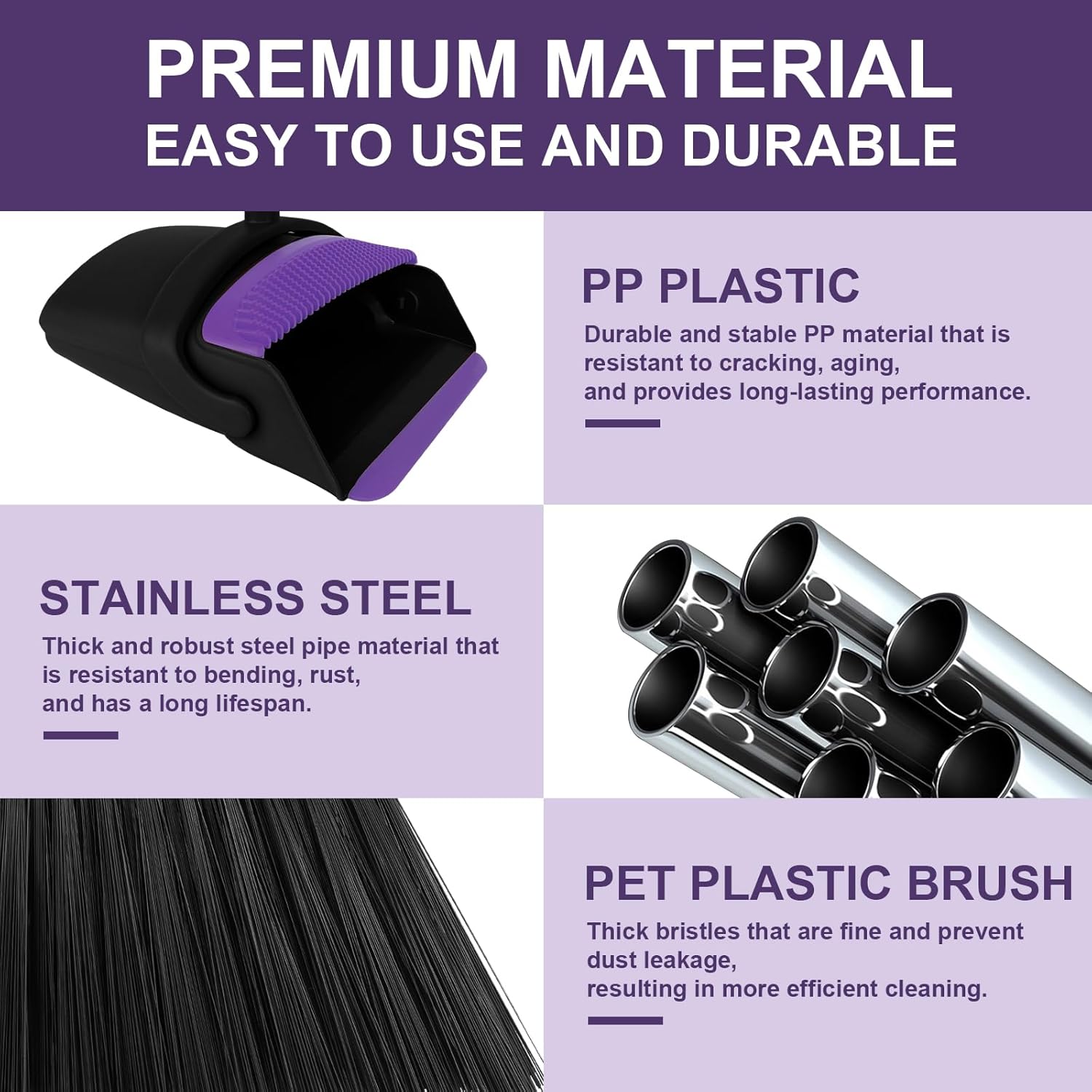 Broom with Dustpan Combo Set, 51" Household Dustpans and Broom, Standing Dust Pan Set for Home, Purple Cleaning Set for Kitchen Lobby Indoor Outdoor
