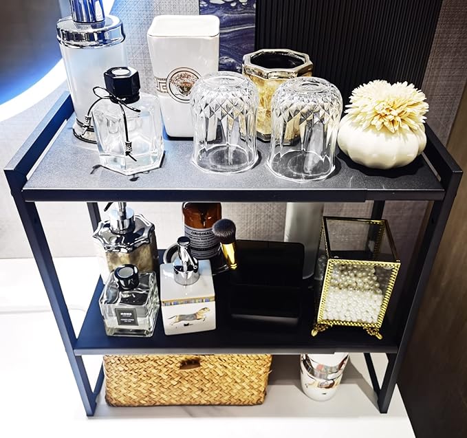 2 Tier Expandable Cabinet Shelf Organizer 14.5-25" L Kitchen Counter Shelf Rack Stand Sink Riser Countertop Storage Black (Normal 7.9”D)-CasaMuseHome