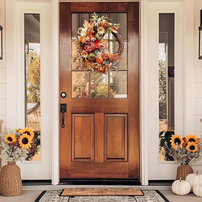20Inch Fall Wreaths for Front Door,Fall Decorations for Home,Autumn Wreaths with Pumpkin Peony Sunflowers Berry Wreaths,Fall Door Wreath for Thanksgiving Halloween Farmhouse Home Outdoor Indoor Decor-CasaMuseHome