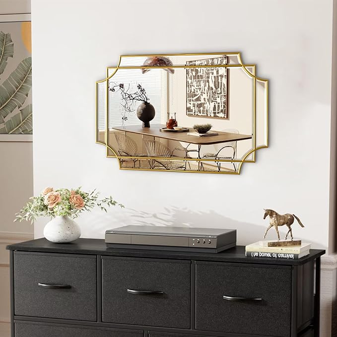 30x20 Inch Gold Bathroom Mirror, Wooden Frame with Scalloped Polished Beveled Glass, Modern Art Wall Decor for Vanity, Irregular Rectangle Mirror for Bedroom, Living Room, Fireplace & Entryway-CasaMuseHome
