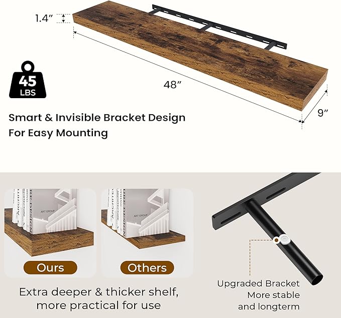 48 inch Floating Shelves for Wall Large Wall Mounted Shelves with Invisible Brackets, Brown Long Shelves for Bathroom, Living Room, Kitchen, Office, 48x9.1 inch deep Set of 2-CasaMuseHome
